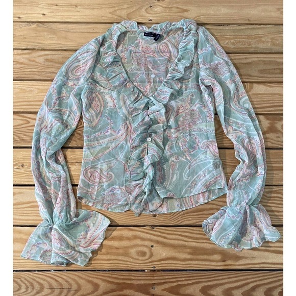 ASOS Tops - NEW Asos Design Paisley Ruffle Blouse Size 0 Women’s Green Button Front